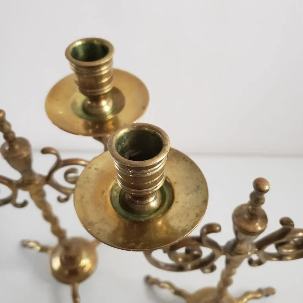Antique Brass Candlesticks Twist Swirl Scroll Pair Double Candelabra Holders